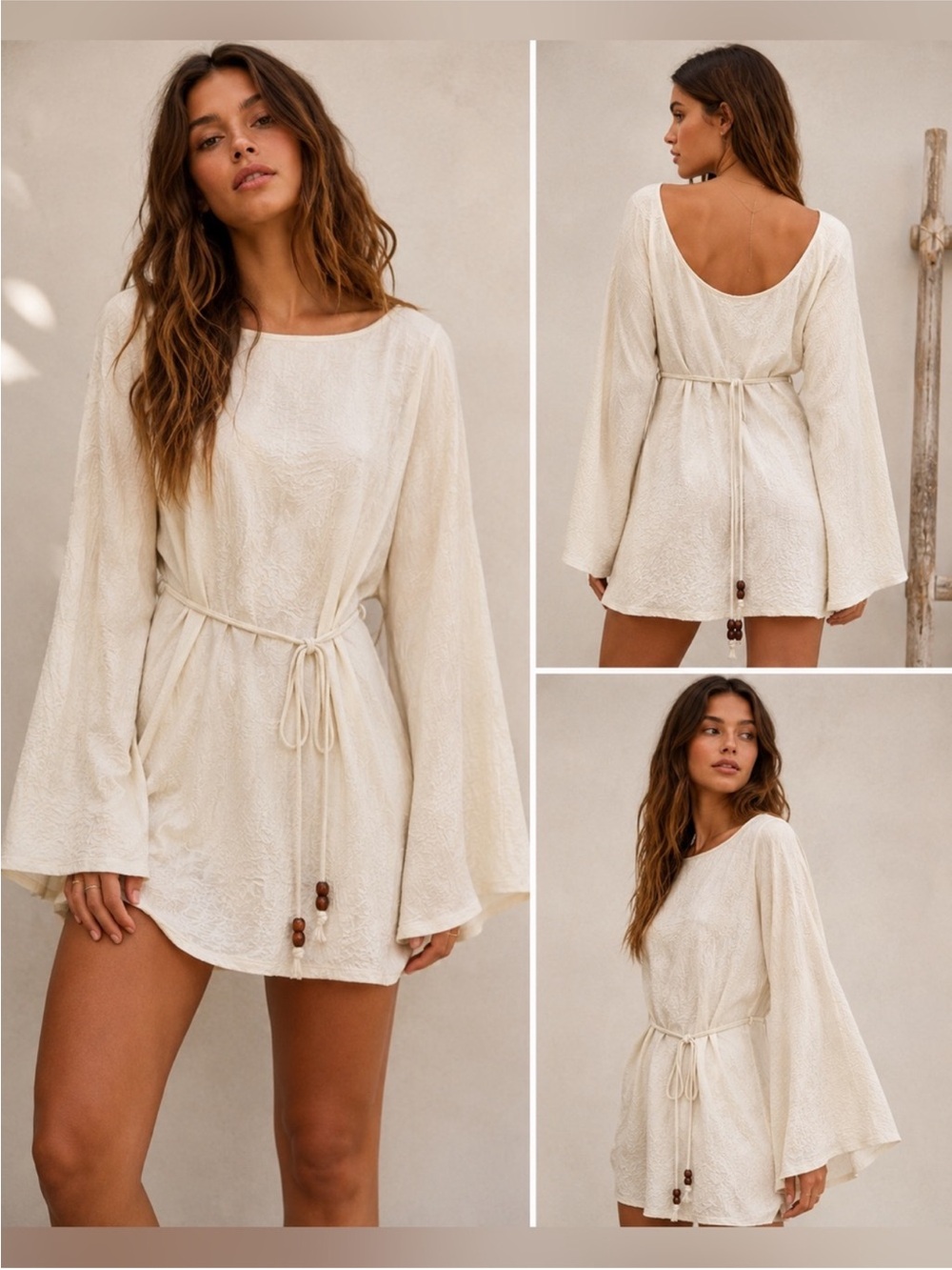 Free People Open Back Bell Sleeve White Crinkle Belted Boho Tunic Dress